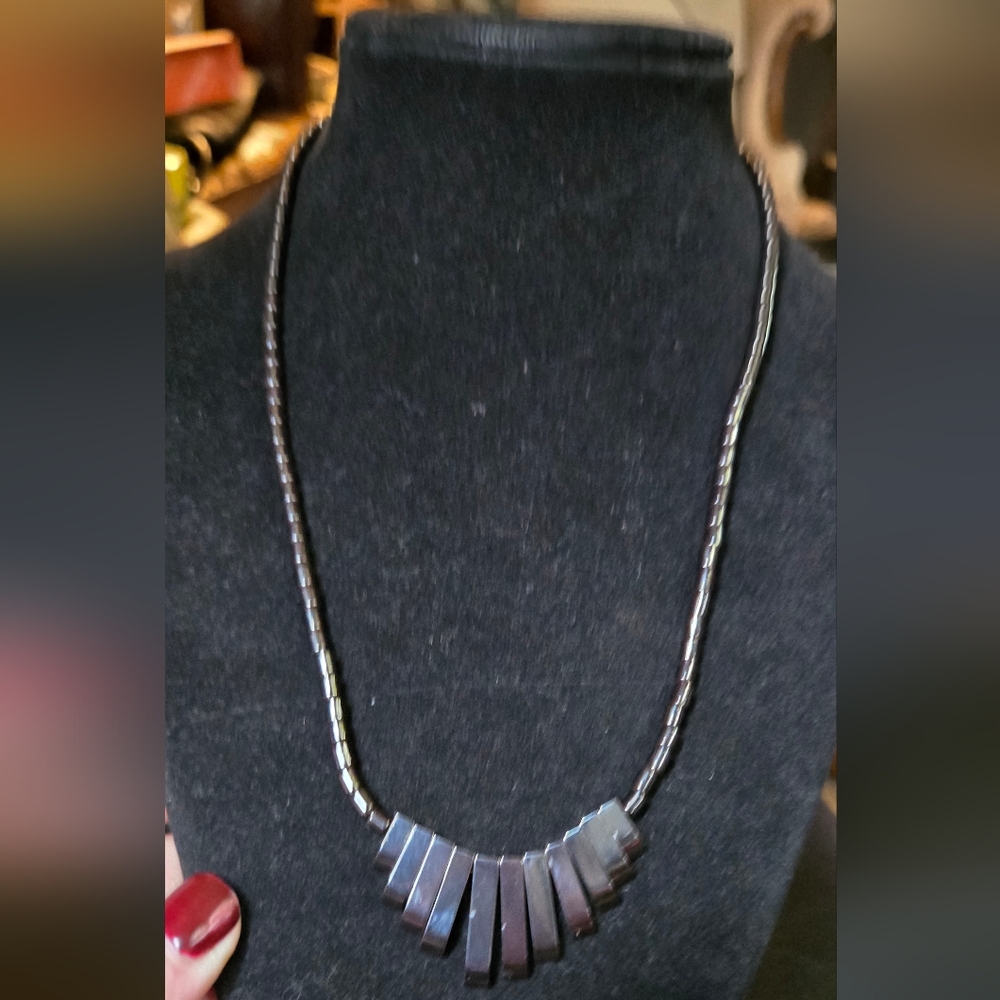 Hematite natural vintage artisan statement necklace 18" - Picture 2 of 6